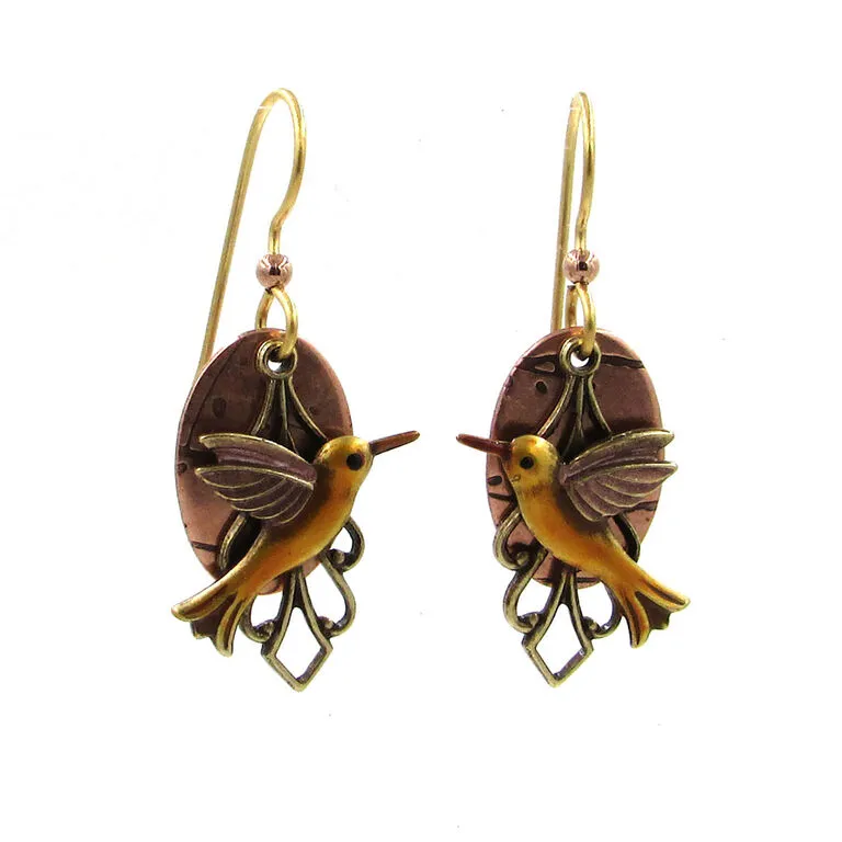 Silver Forest Hummingbird On Layered Mixed Metal Earrings 3 Silver Forest Hummingbird On Layered Mixed Metal Earrings