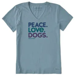 Life Is Good Peace Love Dogs Women's Blue-Gray V-Neck Tee, Medium