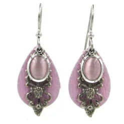 Pink Stone And Filigree Layered Metal Drop Earrings