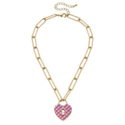 Monclér Pink And White Gingham Heart Padlock Necklace