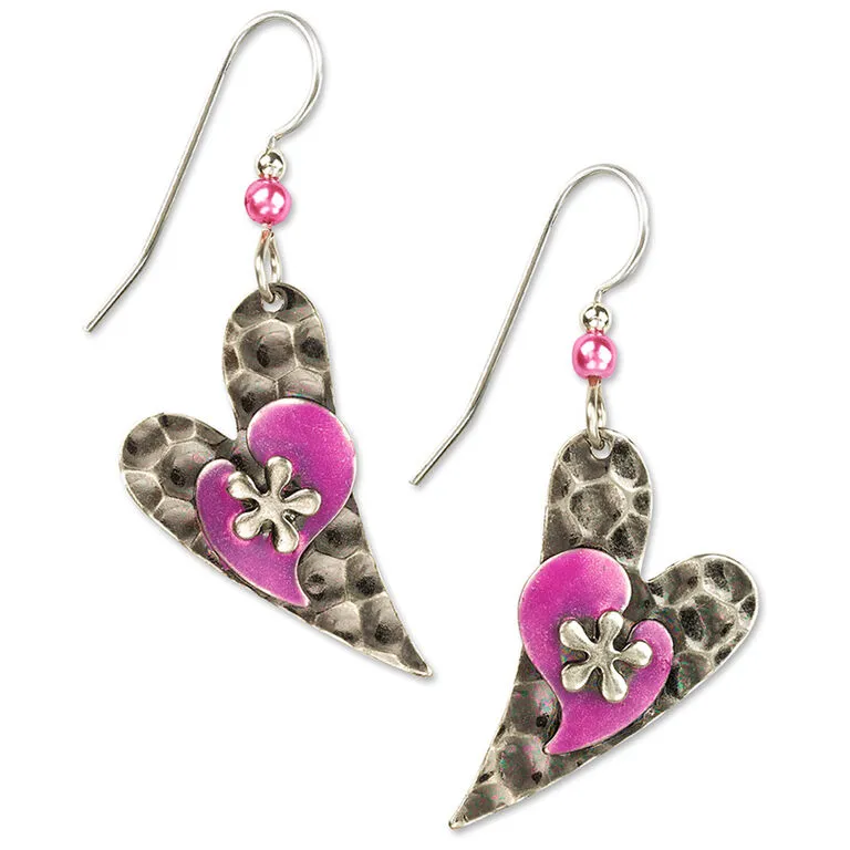 Silver And Pink Hearts Layered Metal Drop Earrings 3 Silver And Pink Hearts Layered Metal Drop Earrings